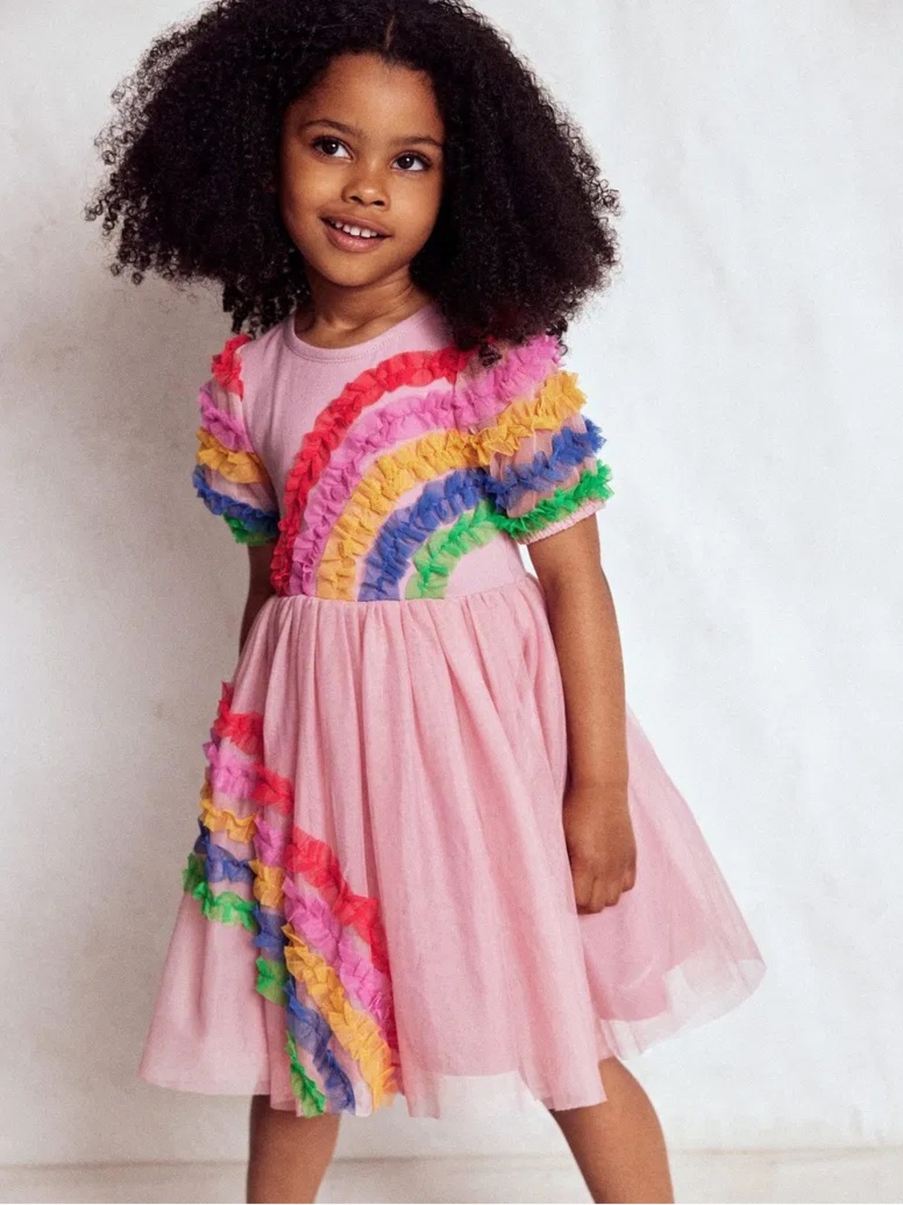 Mini Boden Girls’ Ami Ruffle Tulle Party Dress Pink Rainbow Size 5-6Y NWOT